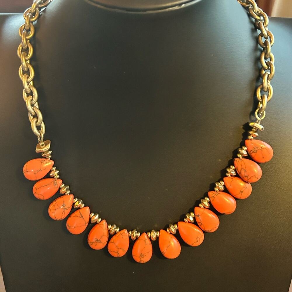 L024 Kenneth Cole Orange Color Tear drop Gold Tone Statement Necklace